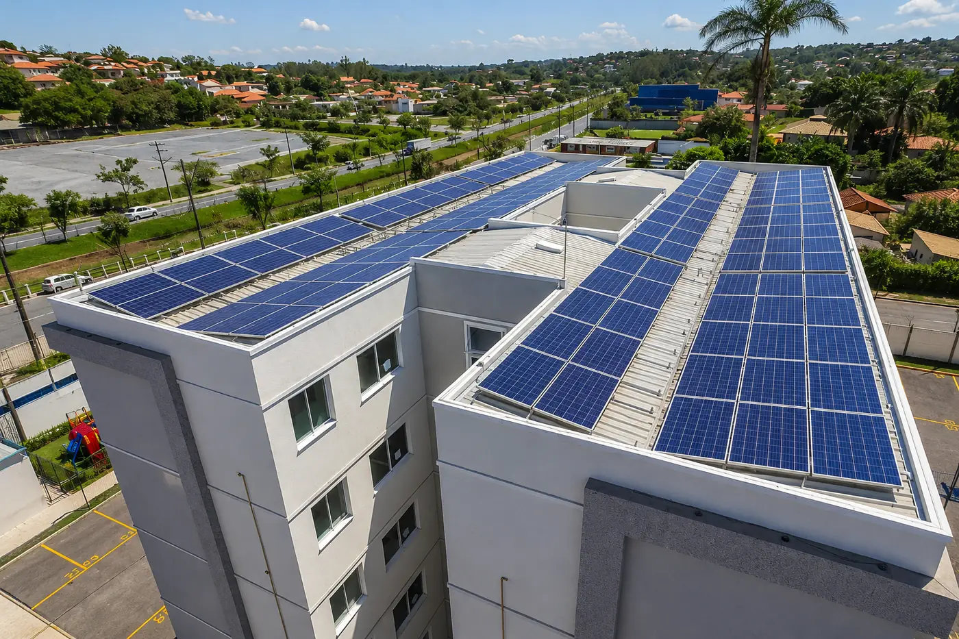 Prédio comercial em Sorocaba com painéis solares fotovoltaicos instalados na cobertura
