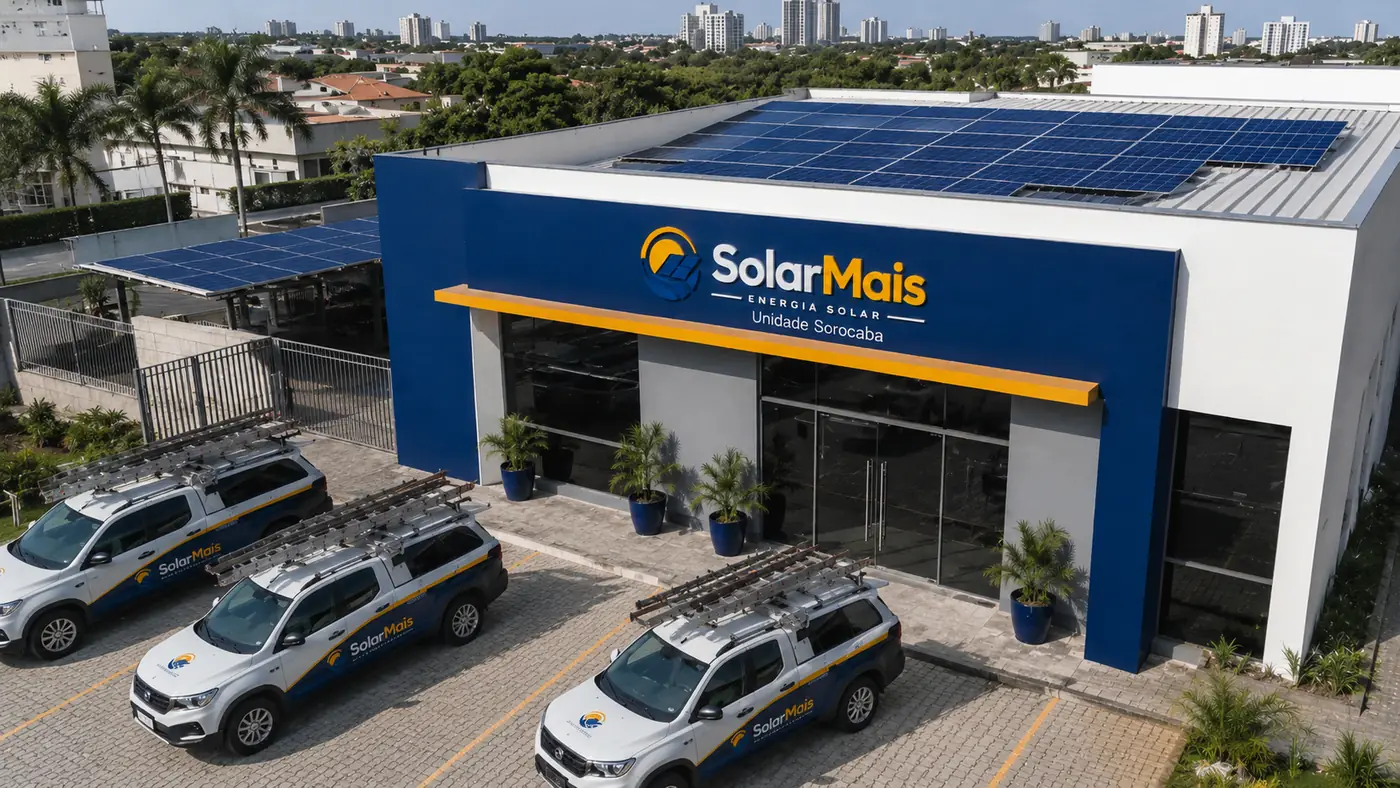 Fachada da unidade da SolarMais em Sorocaba com frota de veículos e painéis solares na cobertura
