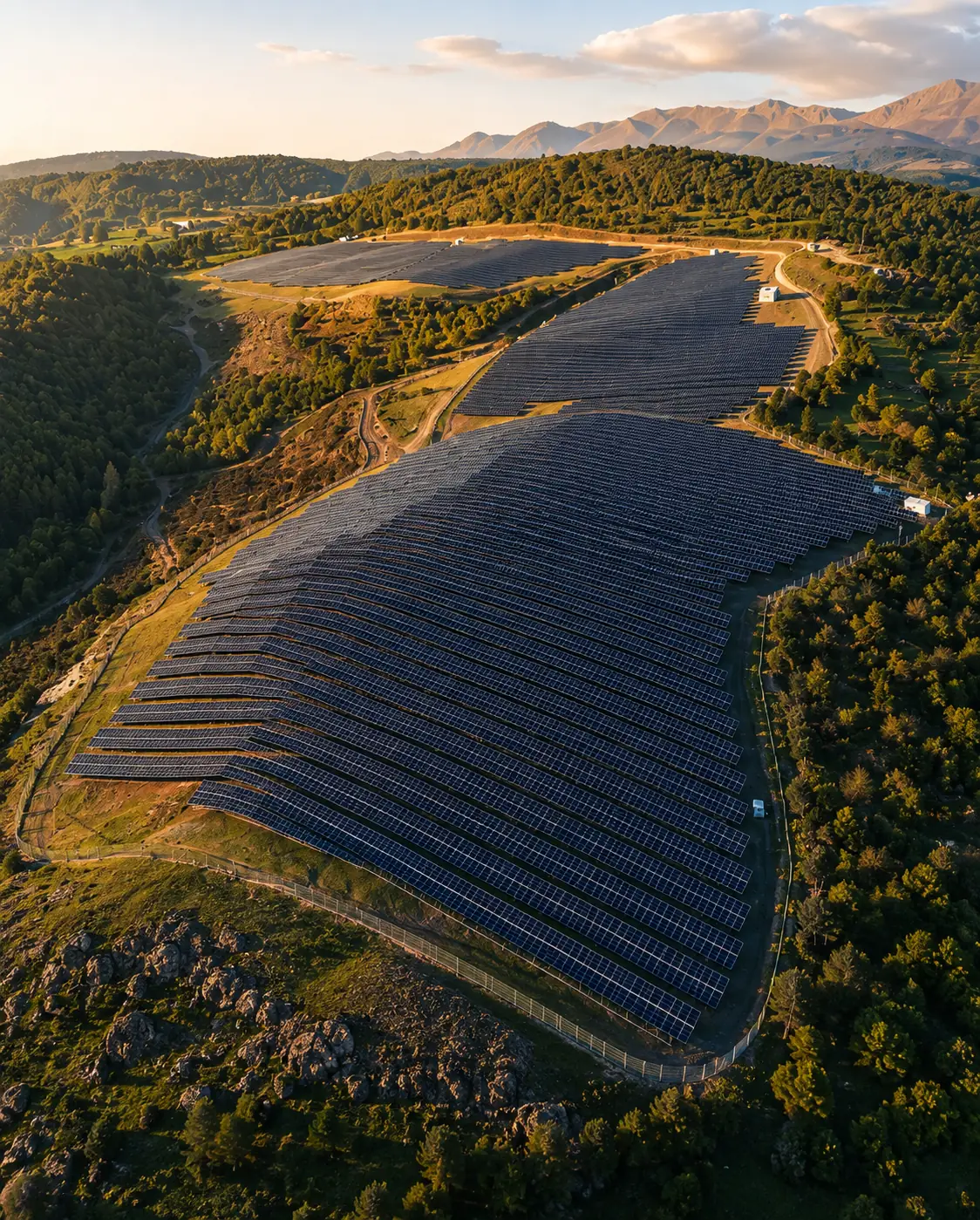 Usina de energia solar fotovoltaica em área de encosta na região de Sorocaba ao entardecer